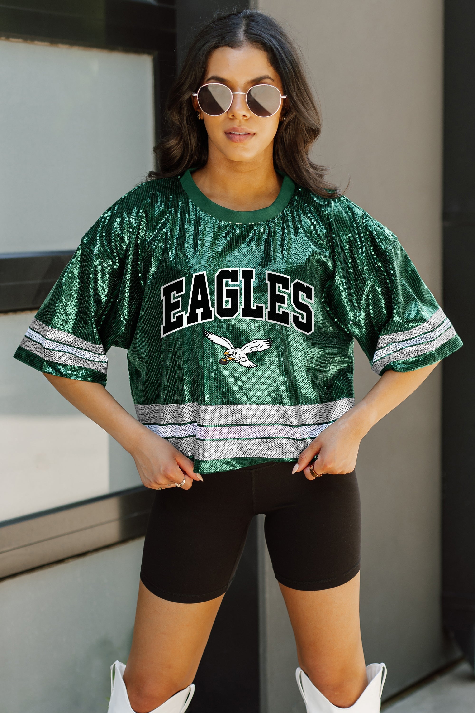 PHILADELPHIA EAGLES OWN THE GAME FULL SEQUIN SPARKLE SPORTS-STRIPED CROPPED FASHION TOP