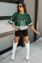 PHILADELPHIA EAGLES OWN THE GAME FULL SEQUIN SPARKLE SPORTS-STRIPED CROPPED FASHION TOP