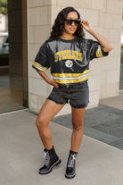 PITTSBURGH STEELERS OWN THE GAME FULL SEQUIN SPARKLE SPORTS-STRIPED CROPPED FASHION TOP