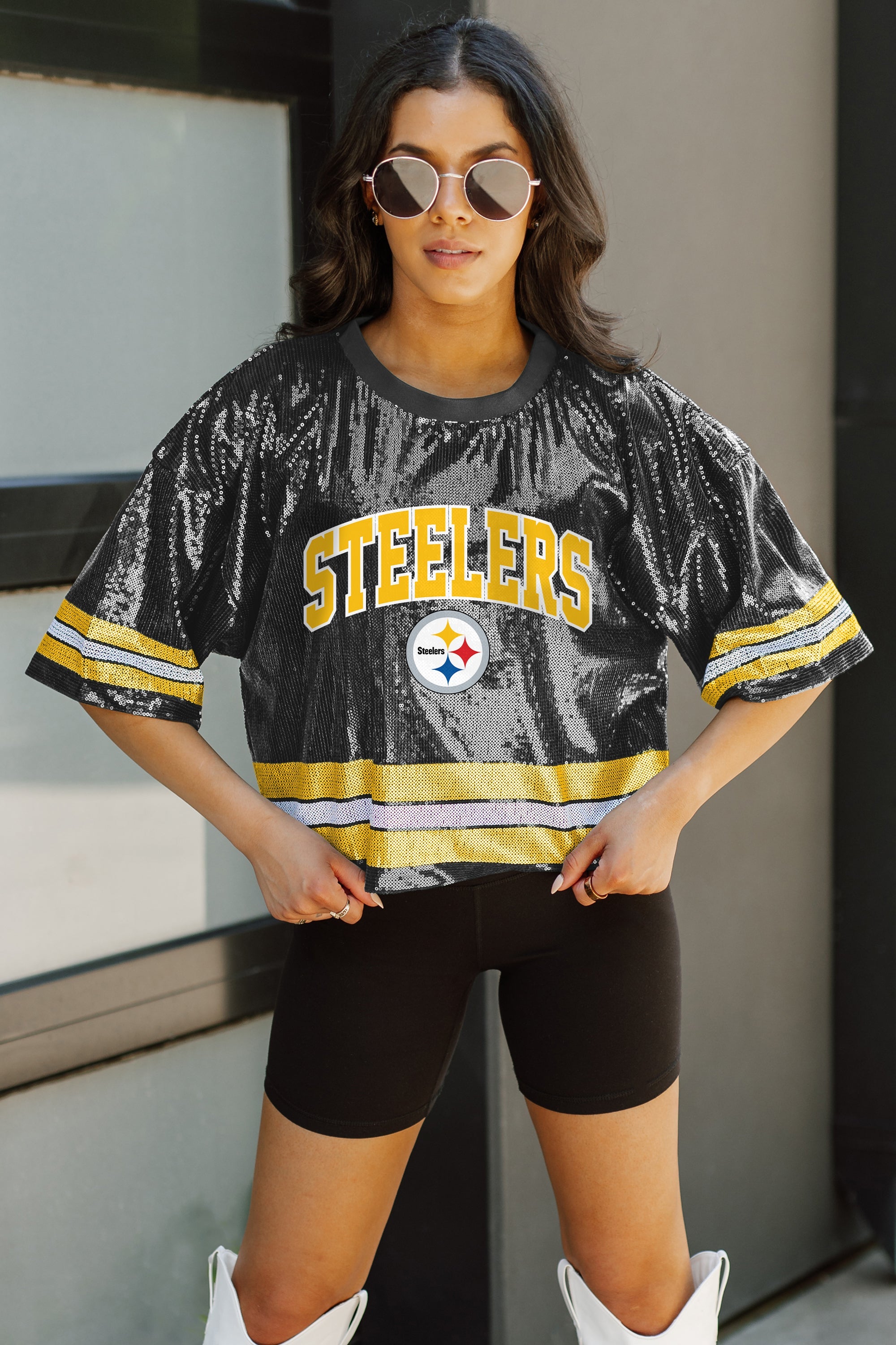 PITTSBURGH STEELERS OWN THE GAME FULL SEQUIN SPARKLE SPORTS-STRIPED CROPPED FASHION TOP