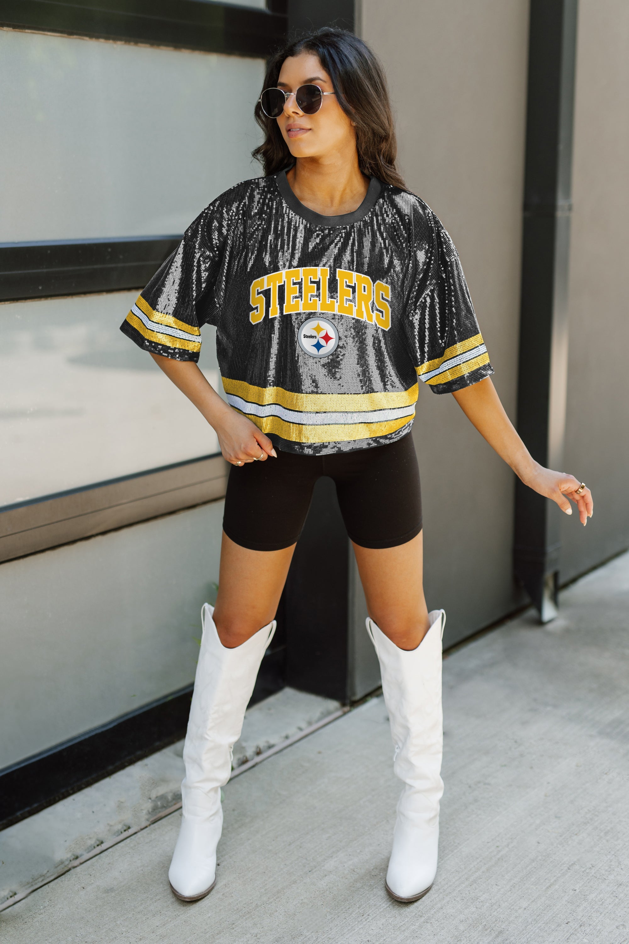 PITTSBURGH STEELERS OWN THE GAME FULL SEQUIN SPARKLE SPORTS-STRIPED CROPPED FASHION TOP