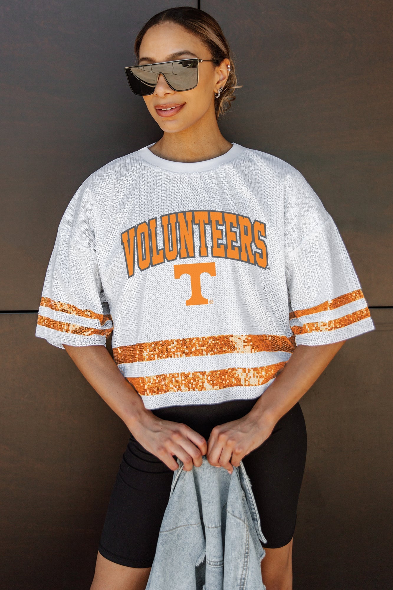 TENNESSEE VOLUNTEERS OWN THE GAME FULL SEQUIN SPARKLE SPORTS-STRIPED CROPPED JERSEY