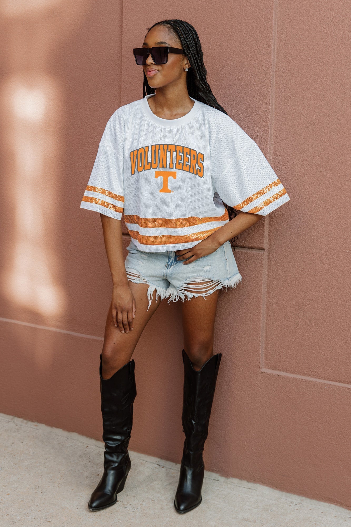 TENNESSEE VOLUNTEERS OWN THE GAME FULL SEQUIN SPARKLE SPORTS-STRIPED CROPPED JERSEY