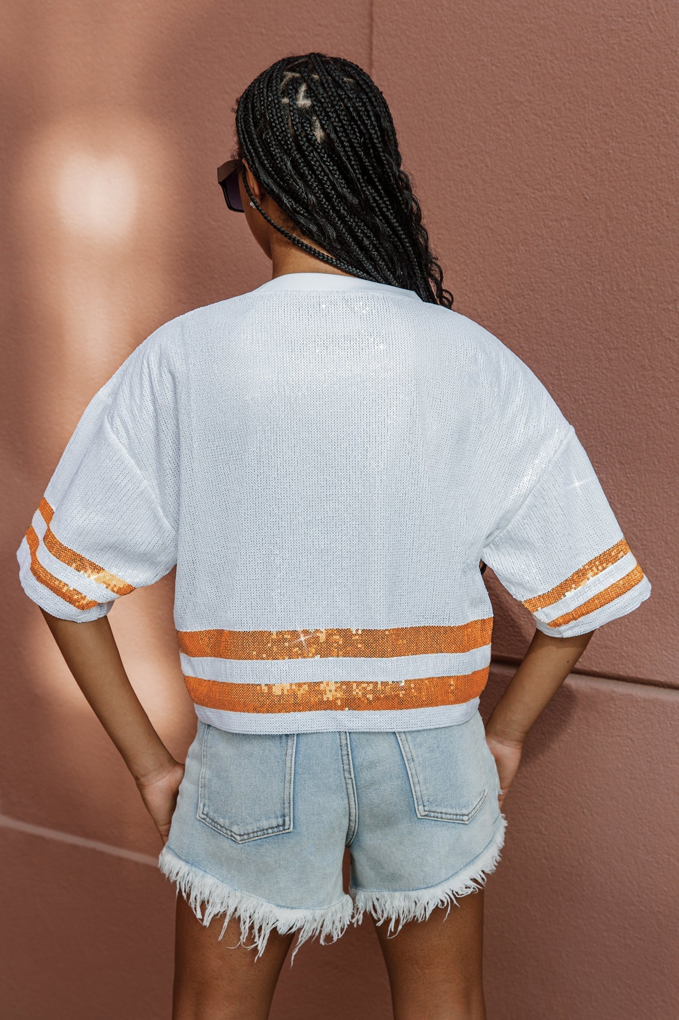 TENNESSEE VOLUNTEERS OWN THE GAME FULL SEQUIN SPARKLE SPORTS-STRIPED CROPPED JERSEY