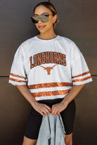 TEXAS LONGHORNS OWN THE GAME FULL SEQUIN SPARKLE SPORTS-STRIPED CROPPED JERSEY