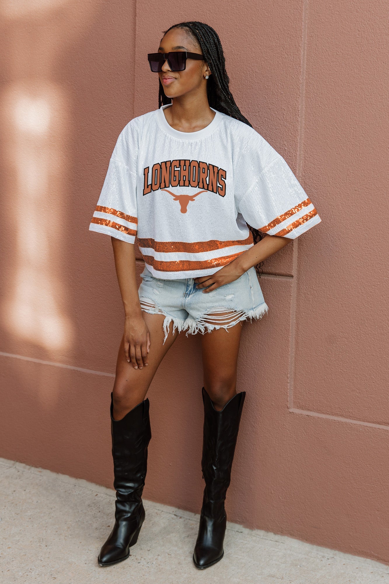 TEXAS LONGHORNS OWN THE GAME FULL SEQUIN SPARKLE SPORTS-STRIPED CROPPED JERSEY