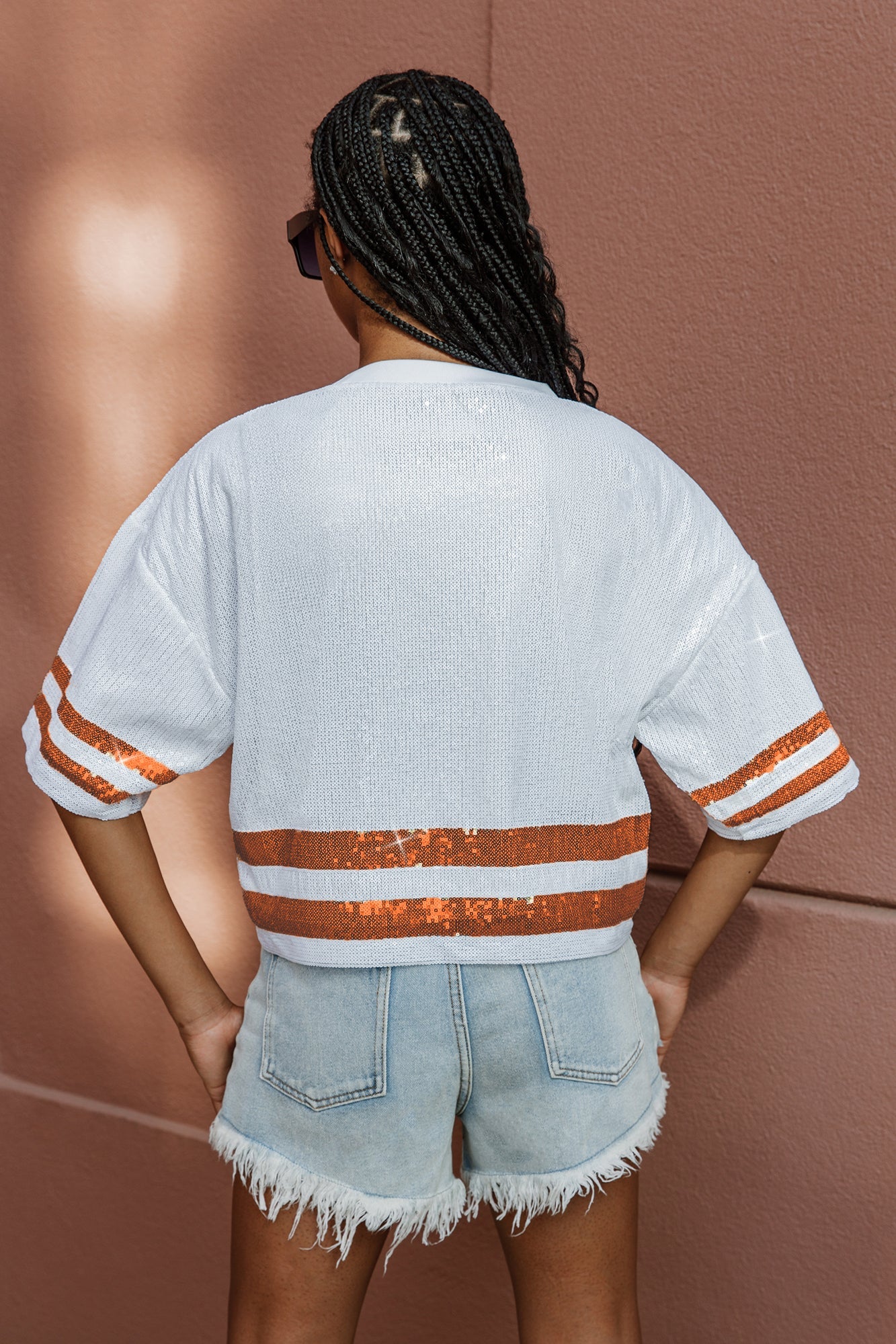 TEXAS LONGHORNS OWN THE GAME FULL SEQUIN SPARKLE SPORTS-STRIPED CROPPED JERSEY