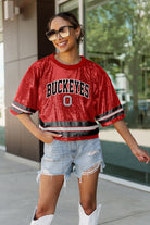 OHIO STATE BUCKEYES OWN THE GAME FULL SEQUIN SPARKLE SPORTS-STRIPED CROPPED JERSEY