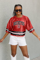 OHIO STATE BUCKEYES OWN THE GAME FULL SEQUIN SPARKLE SPORTS-STRIPED CROPPED JERSEY