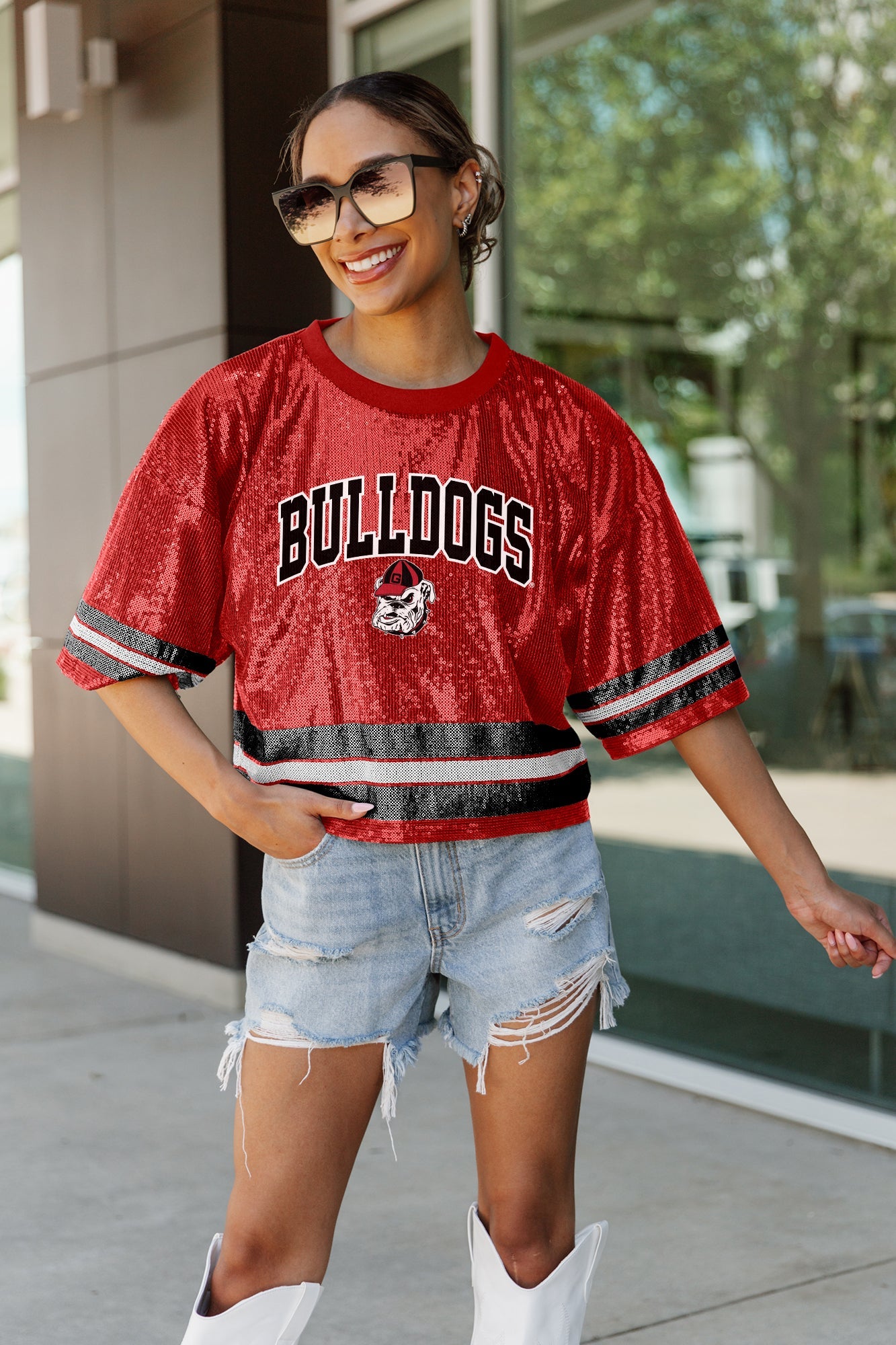 GEORGIA BULLDOGS OWN THE GAME FULL SEQUIN SPARKLE SPORTS-STRIPED CROPPED JERSEY