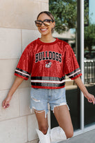 GEORGIA BULLDOGS OWN THE GAME FULL SEQUIN SPARKLE SPORTS-STRIPED CROPPED JERSEY