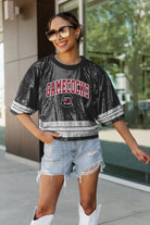 SOUTH CAROLINA GAMECOCKS OWN THE GAME FULL SEQUIN SPARKLE SPORTS-STRIPED CROPPED JERSEY