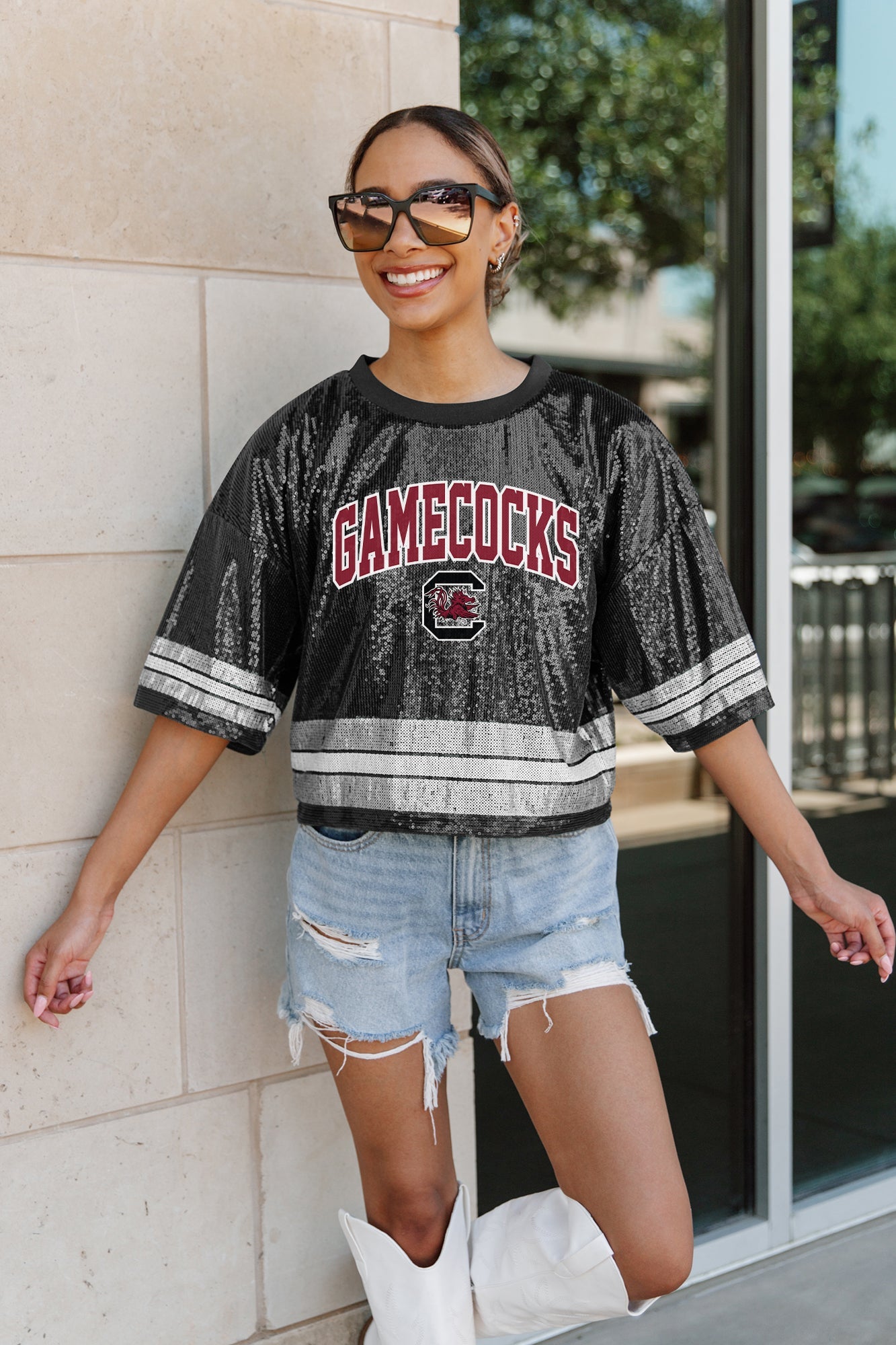 SOUTH CAROLINA GAMECOCKS OWN THE GAME FULL SEQUIN SPARKLE SPORTS-STRIPED CROPPED JERSEY