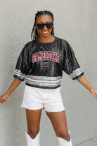 SOUTH CAROLINA GAMECOCKS OWN THE GAME FULL SEQUIN SPARKLE SPORTS-STRIPED CROPPED JERSEY