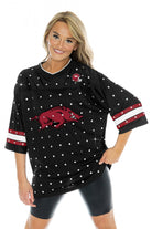 ARKANSAS RAZORBACKS KICKOFF TIME ALL-OVER RHINESTONE V-NECK SPORTS STRIPE FASHION JERSEY TOP