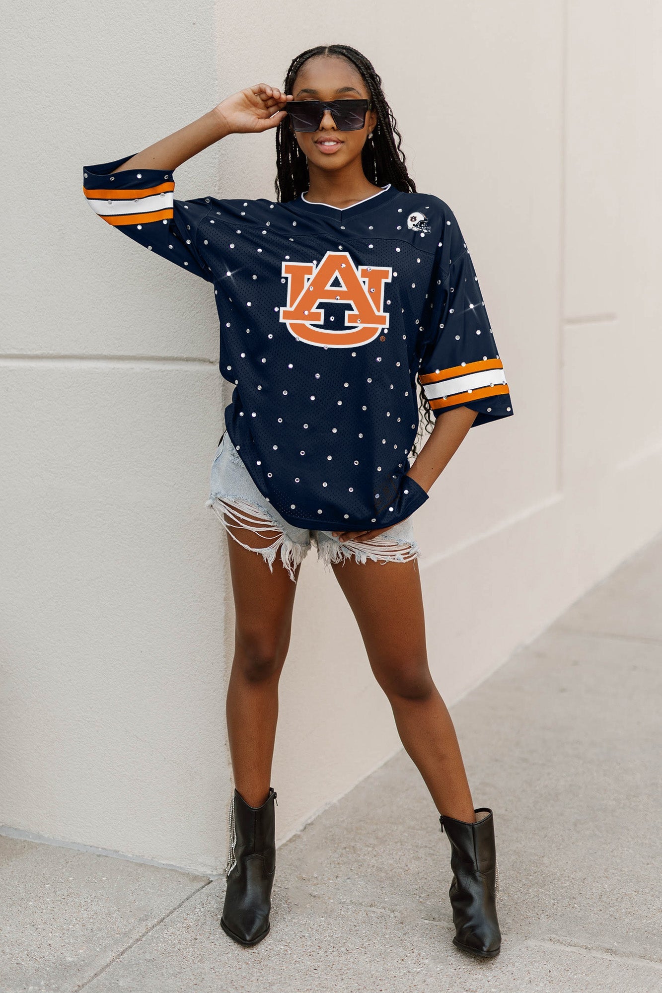 AUBURN TIGERS KICKOFF TIME ALL-OVER RHINESTONE V-NECK SPORTS STRIPE FASHION JERSEY TOP