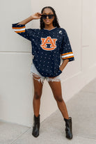 AUBURN TIGERS KICKOFF TIME ALL-OVER RHINESTONE V-NECK SPORTS STRIPE FASHION JERSEY TOP