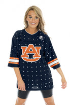 AUBURN TIGERS KICKOFF TIME ALL-OVER RHINESTONE V-NECK SPORTS STRIPE FASHION JERSEY TOP