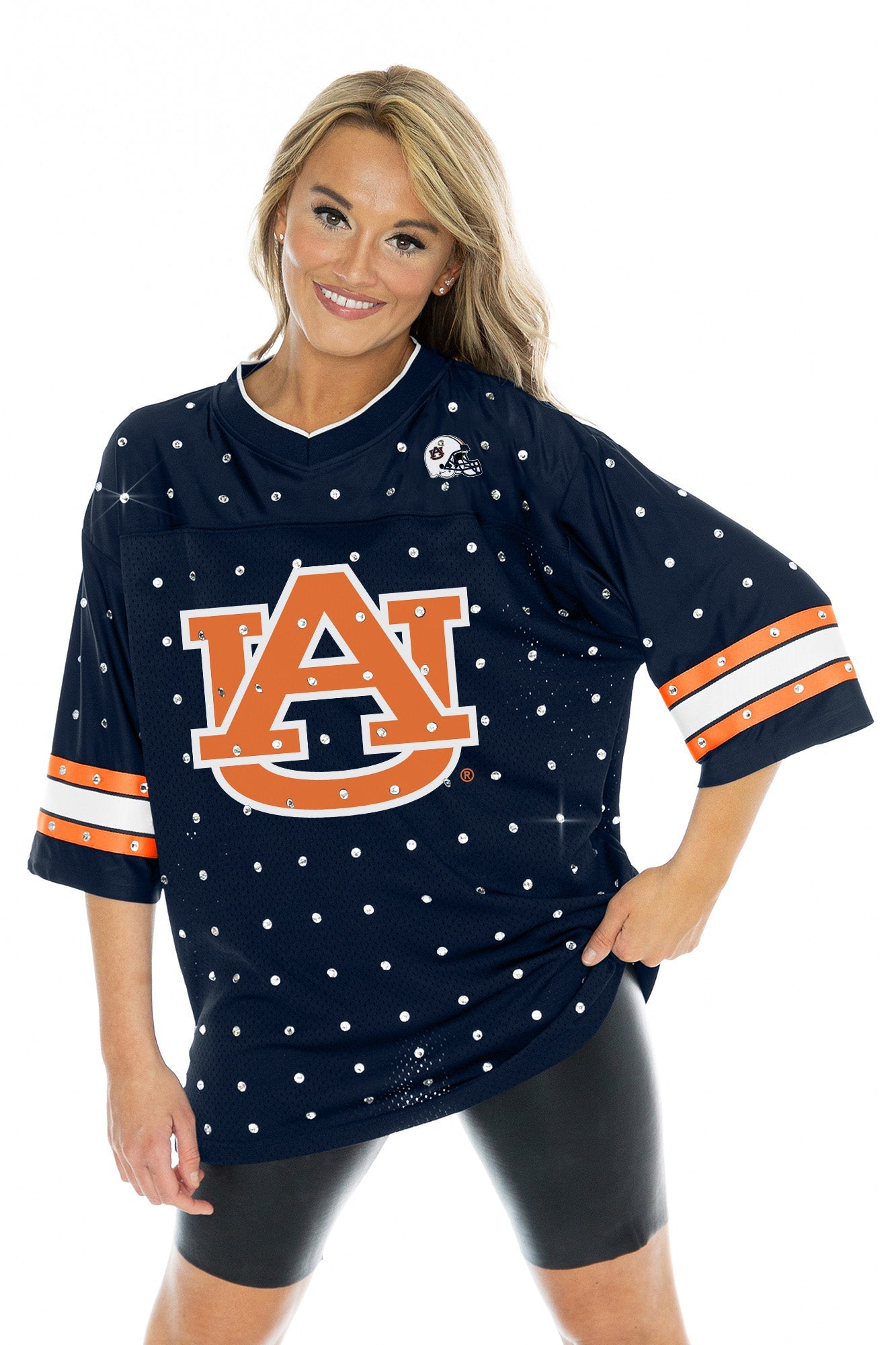 AUBURN TIGERS KICKOFF TIME ALL-OVER RHINESTONE V-NECK SPORTS STRIPE FASHION JERSEY TOP