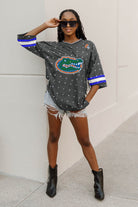 FLORIDA GATORS KICKOFF TIME ALL-OVER RHINESTONE V-NECK SPORTS STRIPE FASHION JERSEY TOP