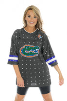 FLORIDA GATORS KICKOFF TIME ALL-OVER RHINESTONE V-NECK SPORTS STRIPE FASHION JERSEY TOP