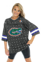 FLORIDA GATORS KICKOFF TIME ALL-OVER RHINESTONE V-NECK SPORTS STRIPE FASHION JERSEY TOP