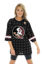 FLORIDA STATE SEMINOLES KICKOFF TIME ALL-OVER RHINESTONE V-NECK SPORTS STRIPE FASHION JERSEY TOP