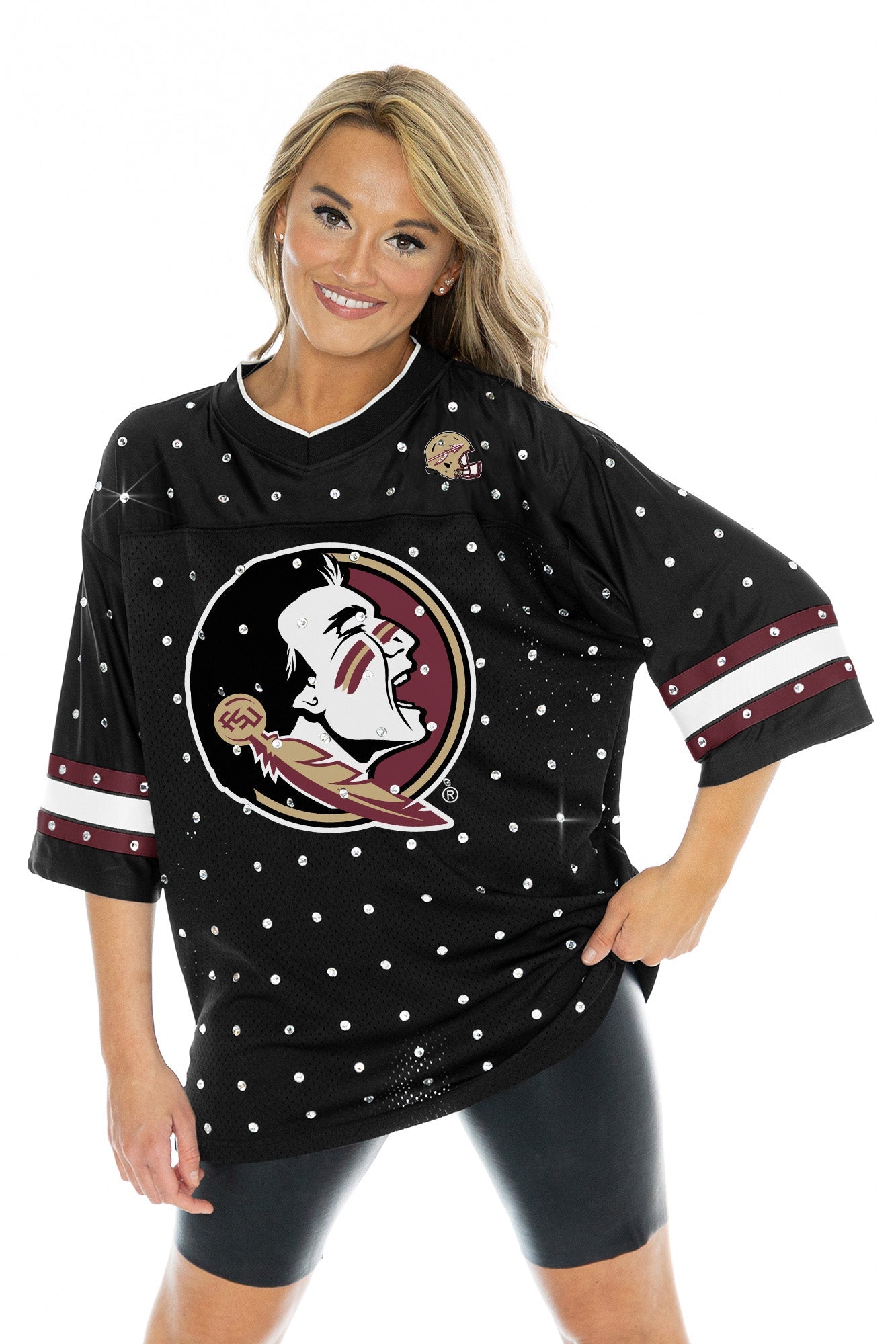 FLORIDA STATE SEMINOLES KICKOFF TIME ALL-OVER RHINESTONE V-NECK SPORTS STRIPE FASHION JERSEY TOP