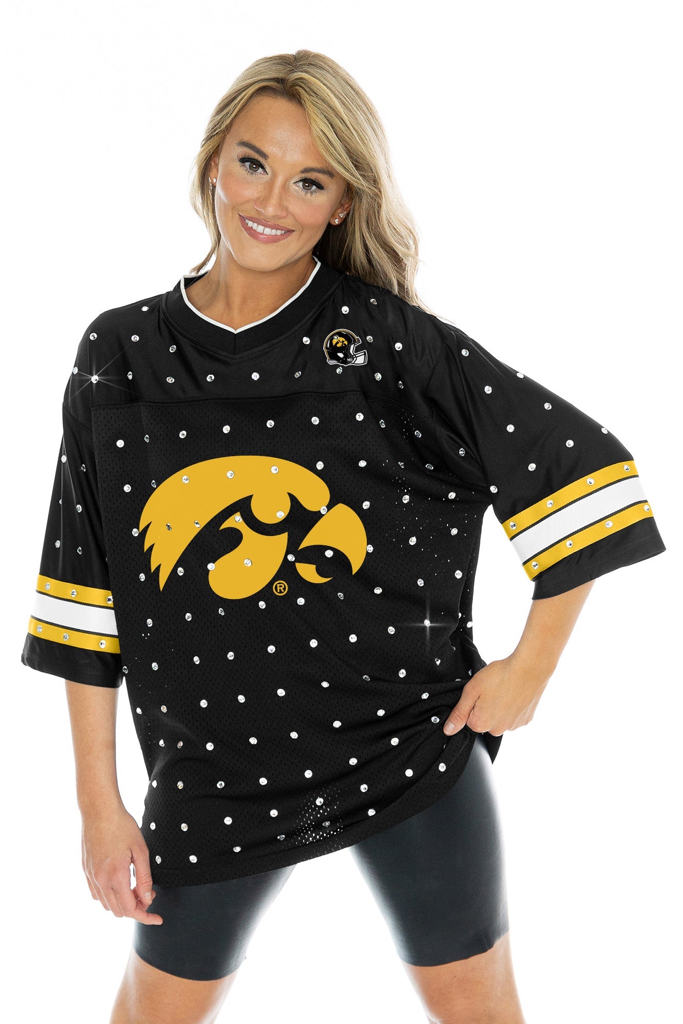 IOWA HAWKEYES KICKOFF TIME ALL-OVER RHINESTONE V-NECK SPORTS STRIPE FASHION JERSEY TOP