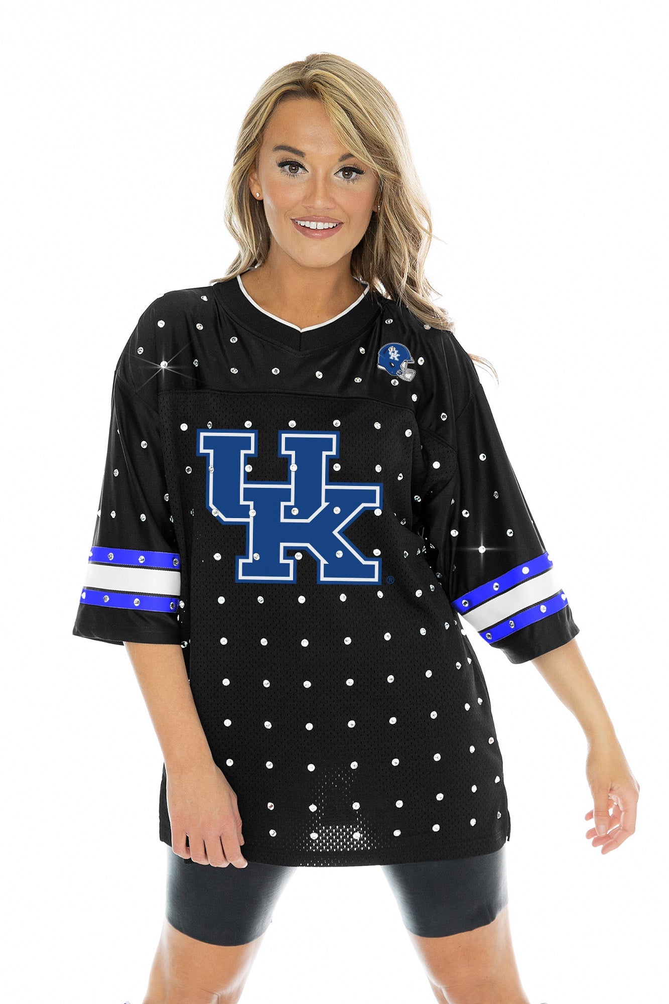 KENTUCKY WILDCATS KICKOFF TIME ALL-OVER RHINESTONE V-NECK SPORTS STRIPE FASHION JERSEY TOP