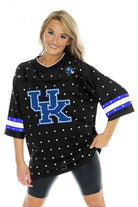 KENTUCKY WILDCATS KICKOFF TIME ALL-OVER RHINESTONE V-NECK SPORTS STRIPE FASHION JERSEY TOP