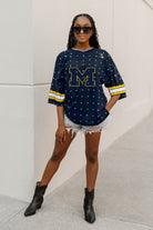 MICHIGAN WOLVERINES KICKOFF TIME ALL-OVER RHINESTONE V-NECK SPORTS STRIPE FASHION JERSEY TOP