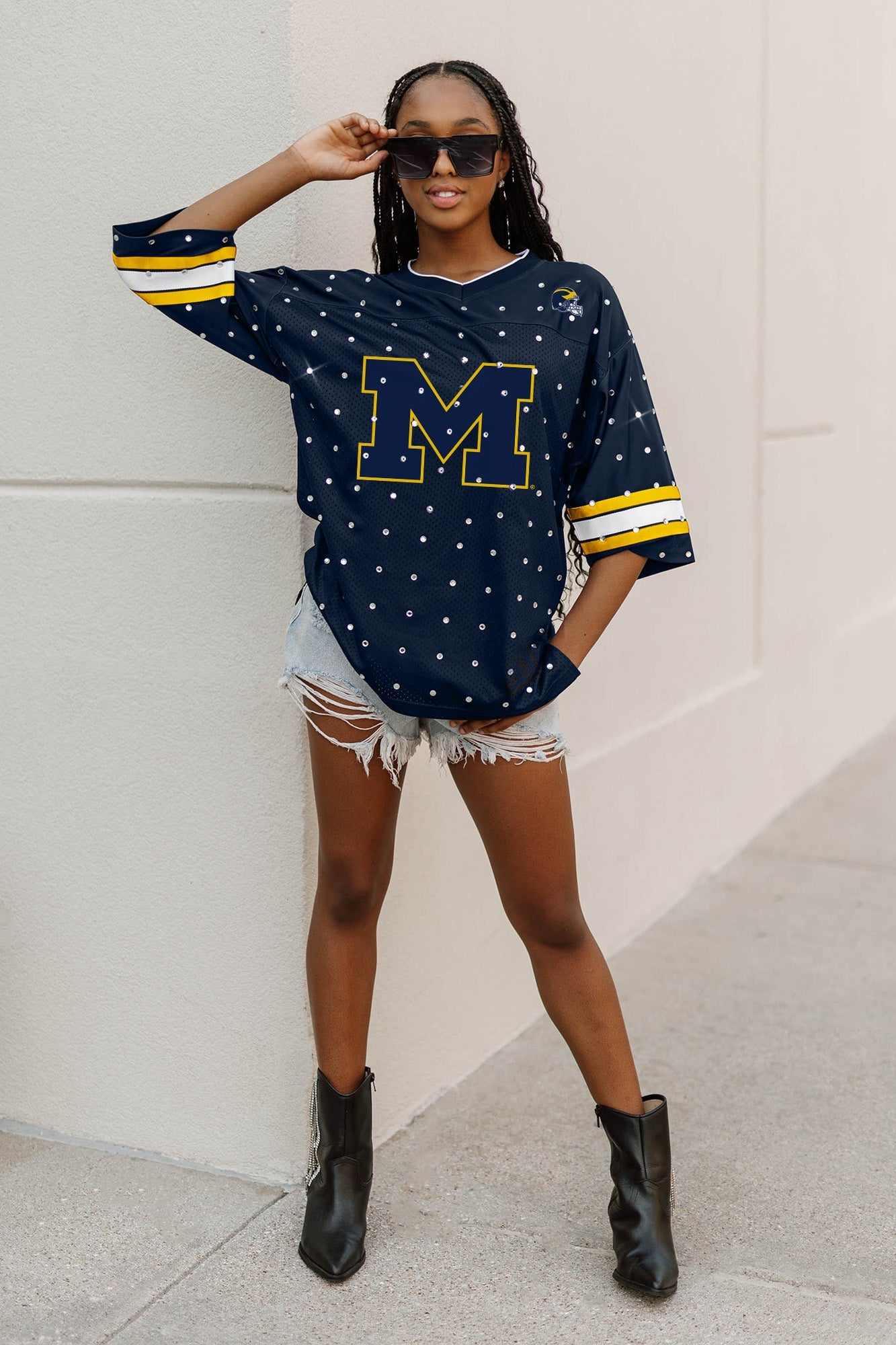 MICHIGAN WOLVERINES KICKOFF TIME ALL-OVER RHINESTONE V-NECK SPORTS STRIPE FASHION JERSEY TOP