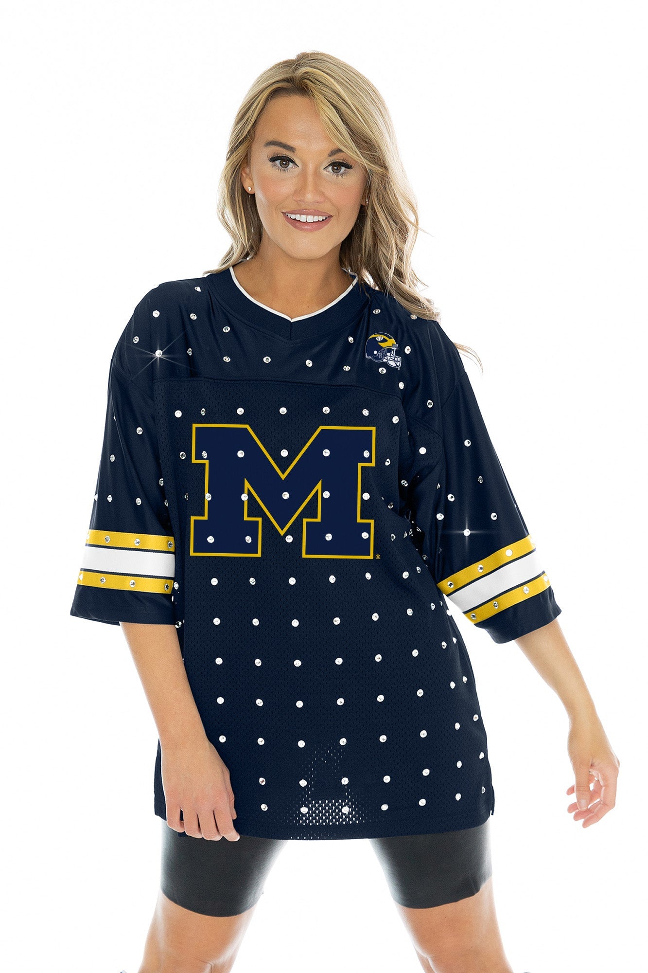 MICHIGAN WOLVERINES KICKOFF TIME ALL-OVER RHINESTONE V-NECK SPORTS STRIPE FASHION JERSEY TOP