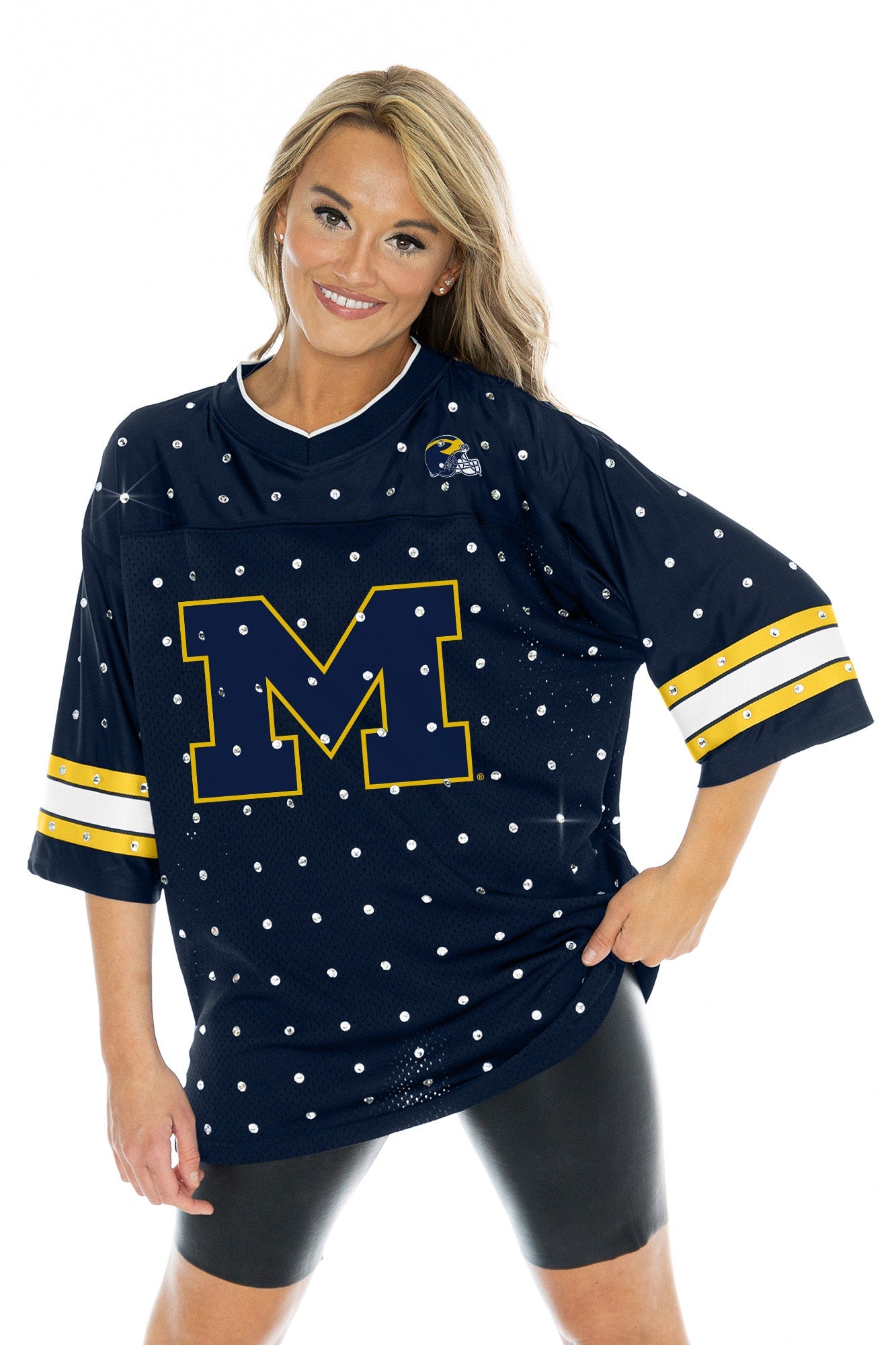 MICHIGAN WOLVERINES KICKOFF TIME ALL-OVER RHINESTONE V-NECK SPORTS STRIPE FASHION JERSEY TOP