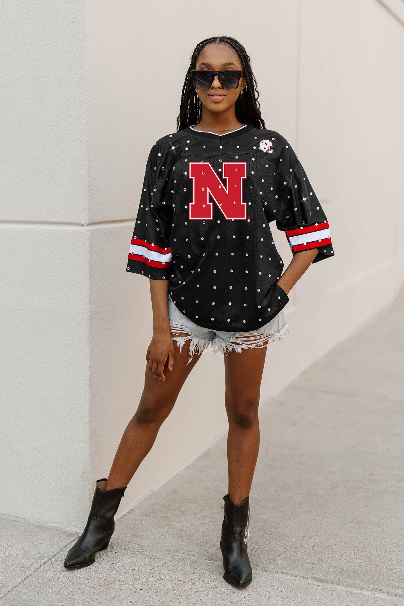 NEBRASKA CORNHUSKERS KICKOFF TIME ALL-OVER RHINESTONE V-NECK SPORTS STRIPE FASHION JERSEY TOP