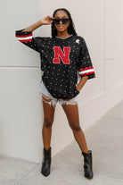 NEBRASKA CORNHUSKERS KICKOFF TIME ALL-OVER RHINESTONE V-NECK SPORTS STRIPE FASHION JERSEY TOP