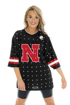 NEBRASKA CORNHUSKERS KICKOFF TIME ALL-OVER RHINESTONE V-NECK SPORTS STRIPE FASHION JERSEY TOP