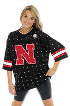 NEBRASKA CORNHUSKERS KICKOFF TIME ALL-OVER RHINESTONE V-NECK SPORTS STRIPE FASHION JERSEY TOP