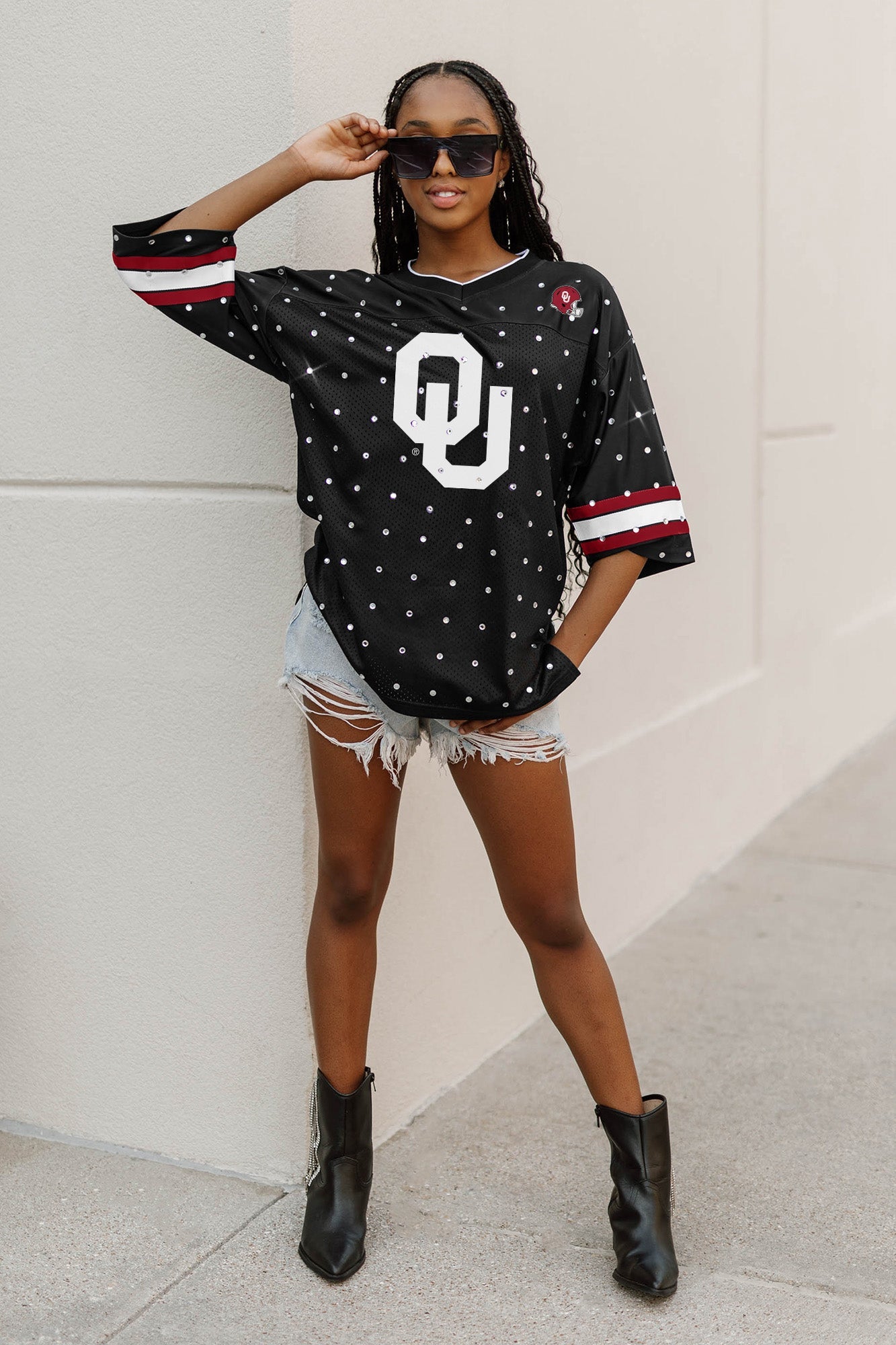 OKLAHOMA SOONERS KICKOFF TIME ALL-OVER RHINESTONE V-NECK SPORTS STRIPE FASHION JERSEY TOP