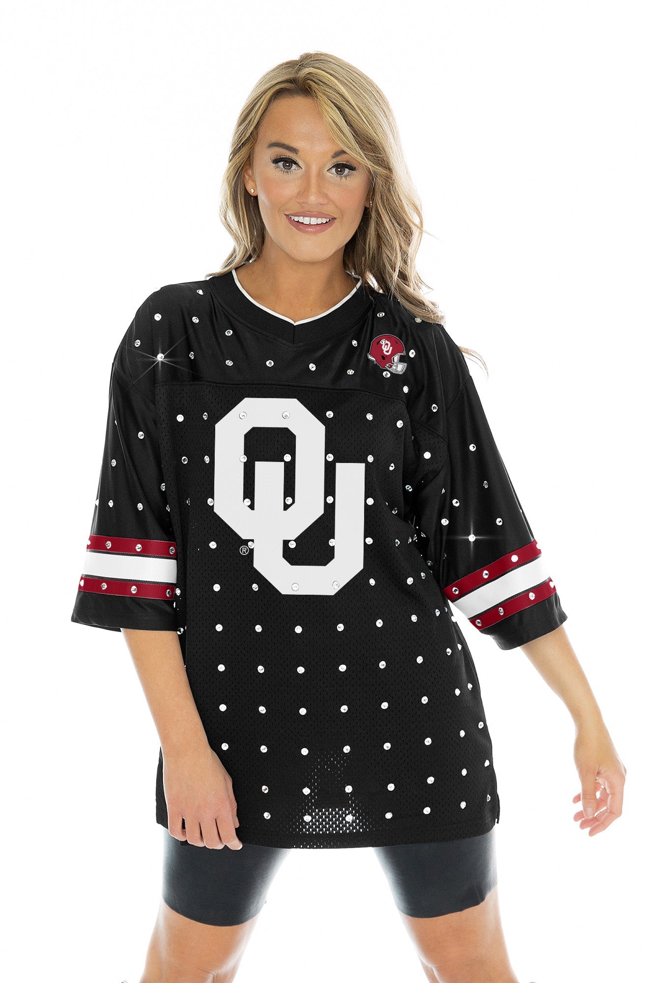 OKLAHOMA SOONERS KICKOFF TIME ALL-OVER RHINESTONE V-NECK SPORTS STRIPE FASHION JERSEY TOP