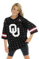 OKLAHOMA SOONERS KICKOFF TIME ALL-OVER RHINESTONE V-NECK SPORTS STRIPE FASHION JERSEY TOP