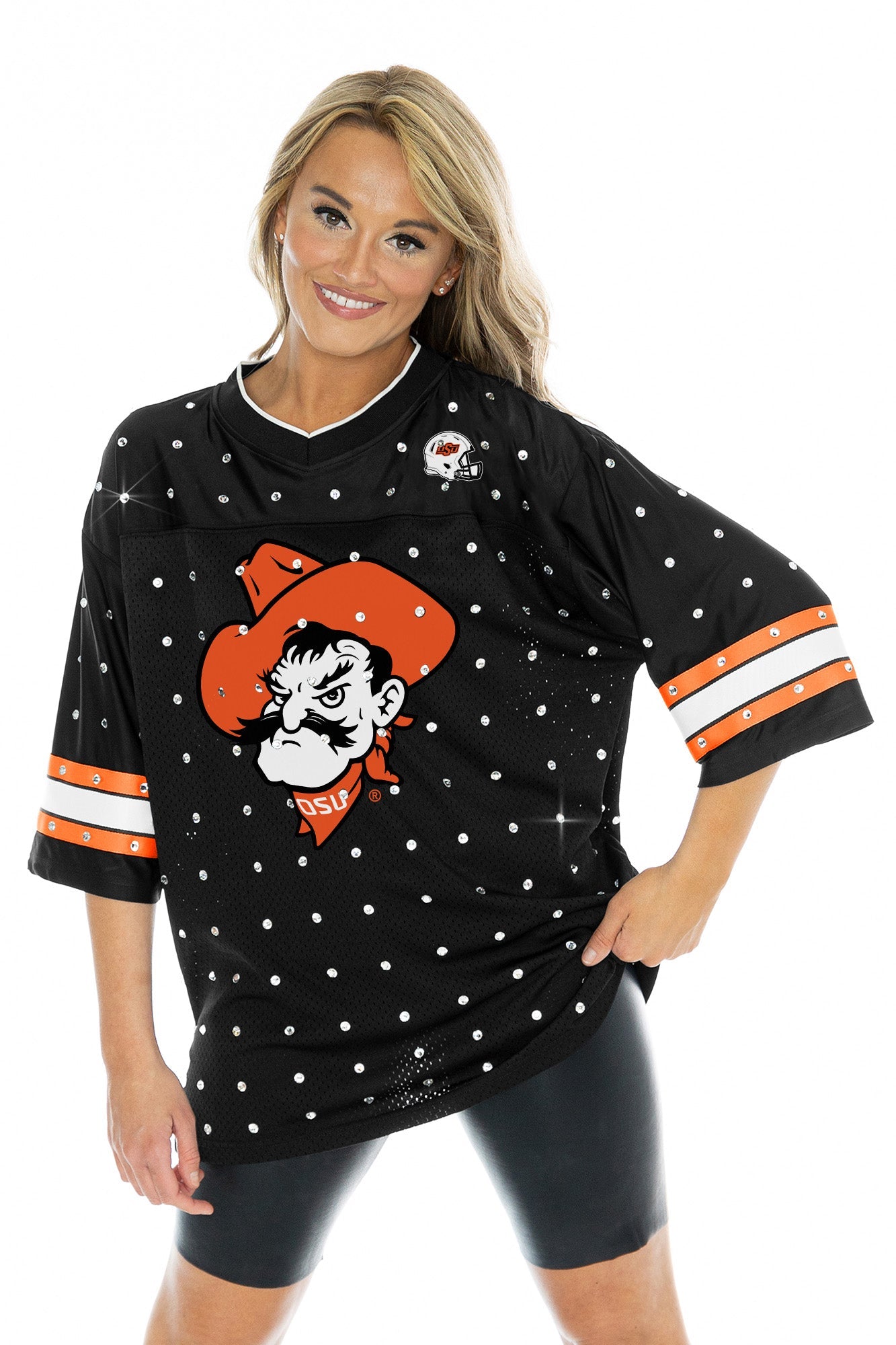 OKLAHOMA STATE COWBOYS KICKOFF TIME ALL-OVER RHINESTONE V-NECK SPORTS STRIPE FASHION JERSEY TOP