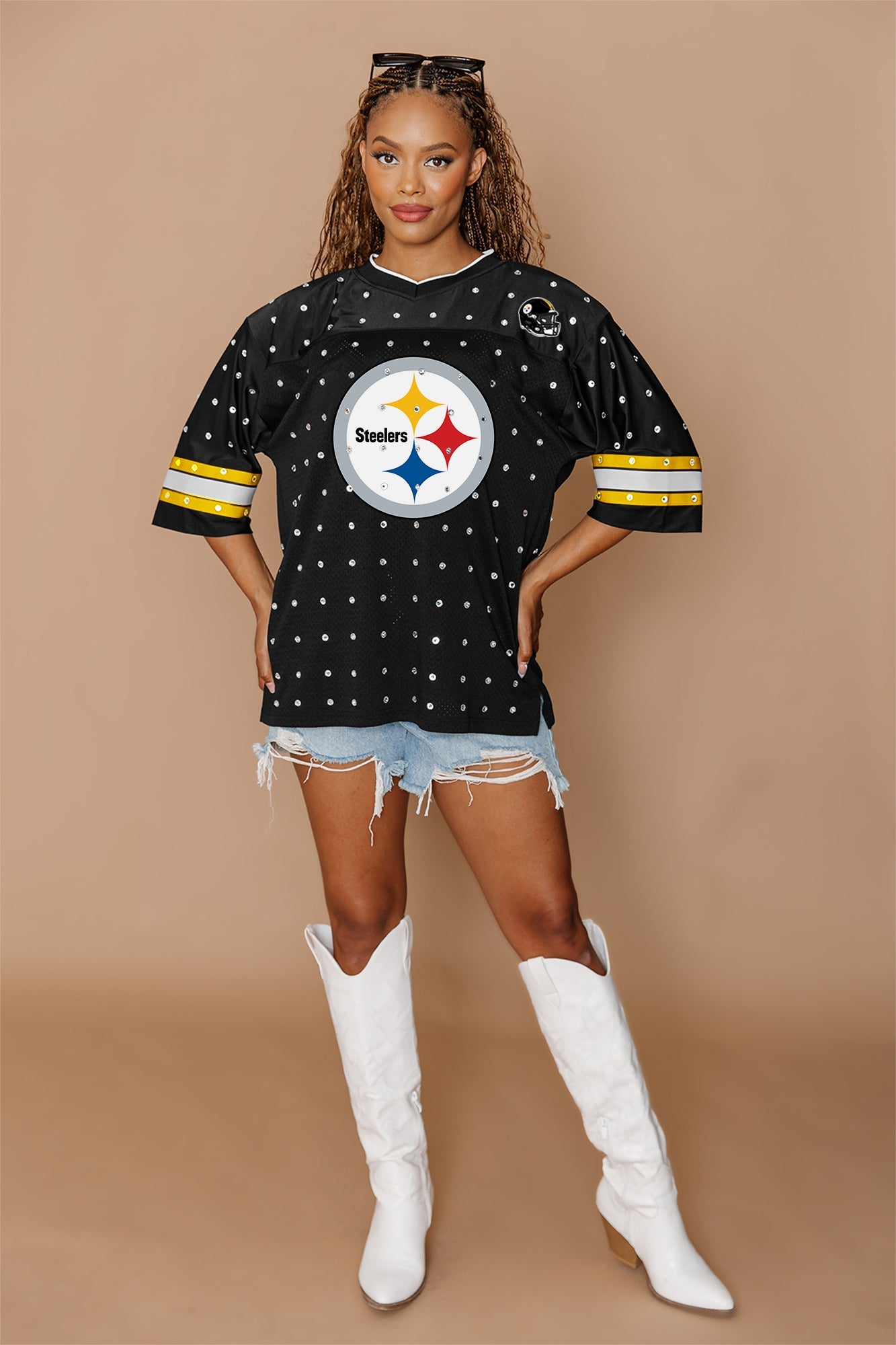 PITTSBURGH STEELERS KICKOFF TIME ALL-OVER RHINESTONE V-NECK SPORTS STRIPE FASHION JERSEY TOP