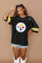 PITTSBURGH STEELERS KICKOFF TIME ALL-OVER RHINESTONE V-NECK SPORTS STRIPE FASHION JERSEY TOP