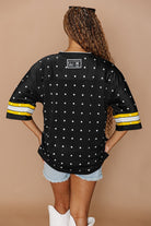 PITTSBURGH STEELERS KICKOFF TIME ALL-OVER RHINESTONE V-NECK SPORTS STRIPE FASHION JERSEY TOP