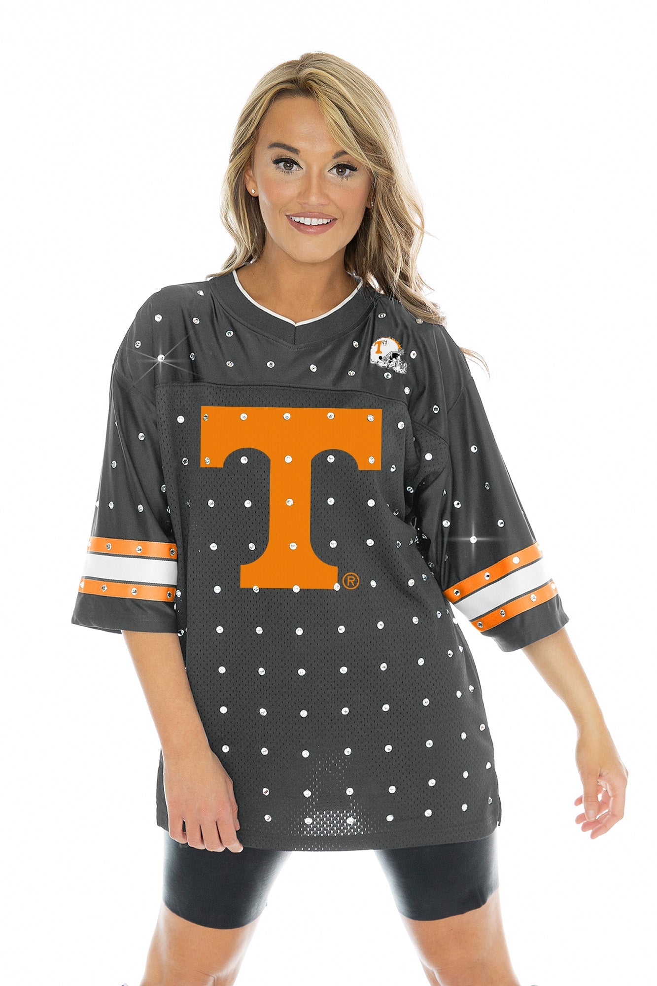 TENNESSEE VOLUNTEERS KICKOFF TIME ALL-OVER RHINESTONE V-NECK SPORTS STRIPE FASHION JERSEY TOP