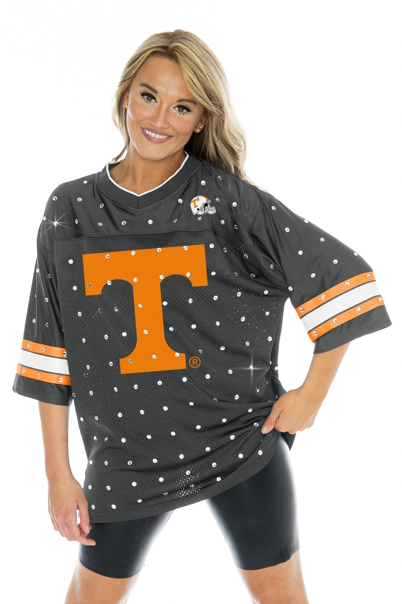 TENNESSEE VOLUNTEERS KICKOFF TIME ALL-OVER RHINESTONE V-NECK SPORTS STRIPE FASHION JERSEY TOP