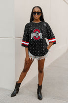 OHIO STATE BUCKEYES KICKOFF TIME ALL-OVER RHINESTONE V-NECK SPORTS STRIPE FASHION JERSEY TOP