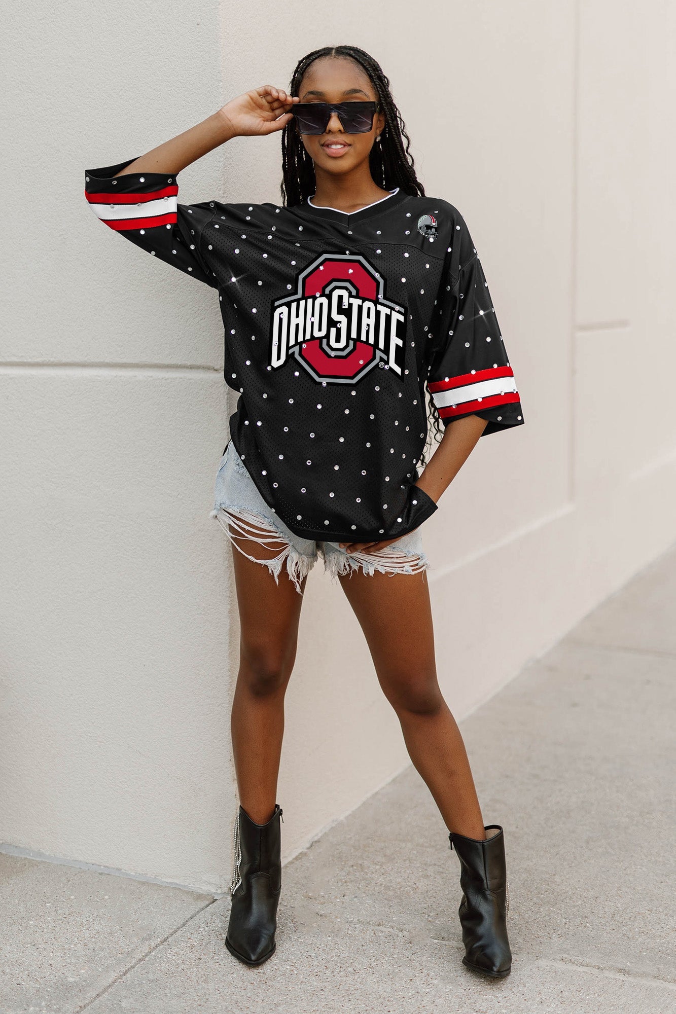 OHIO STATE BUCKEYES KICKOFF TIME ALL-OVER RHINESTONE V-NECK SPORTS STRIPE FASHION JERSEY TOP